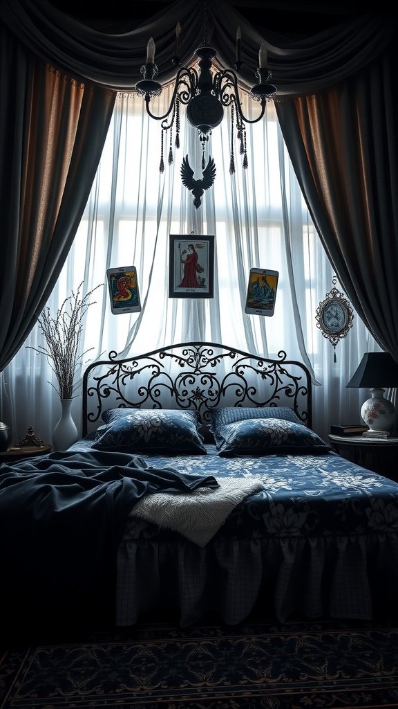 Velvet and tarot themed Whimsy Goth bedroom featuring a wrought-iron bed, tarot cards hanging, and elegant decor.