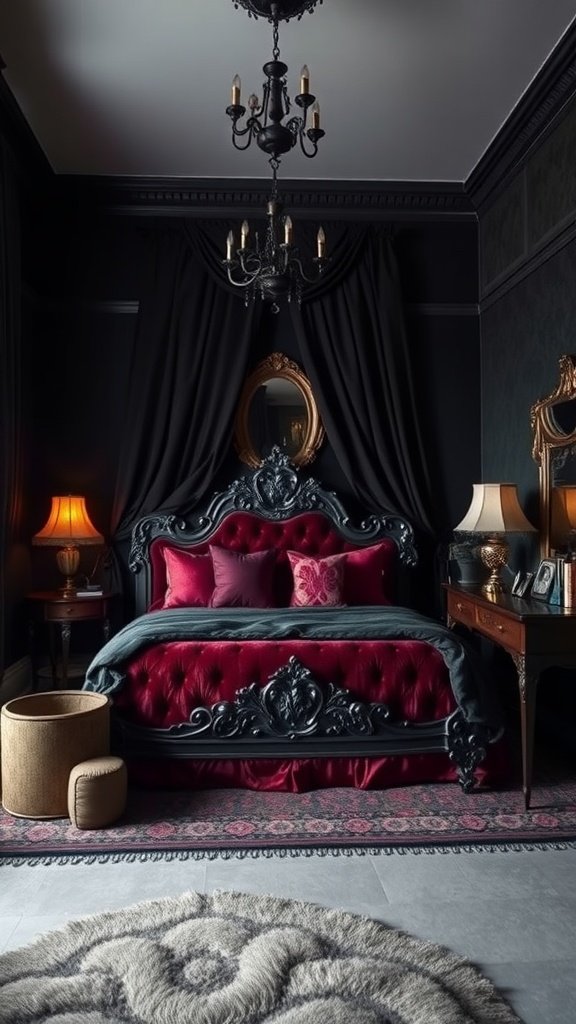A gothic bedroom featuring a tufted black and burgundy bed with rich velvet textures, elegant lighting, and dark drapes.