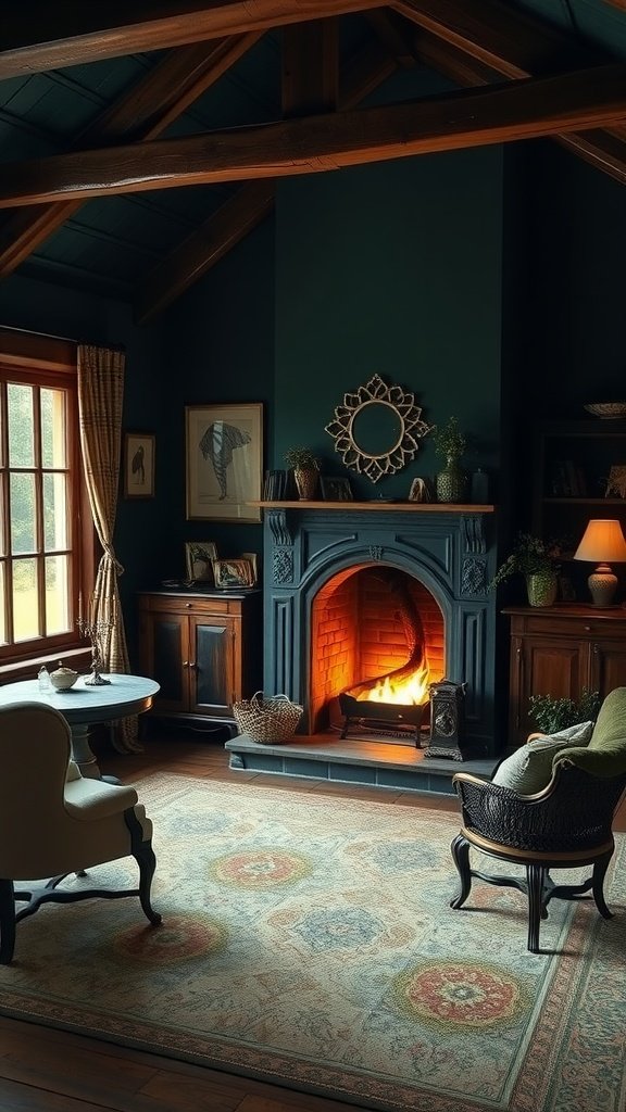Cozy cottage interior featuring a fireplace, wooden beams, and plush seating