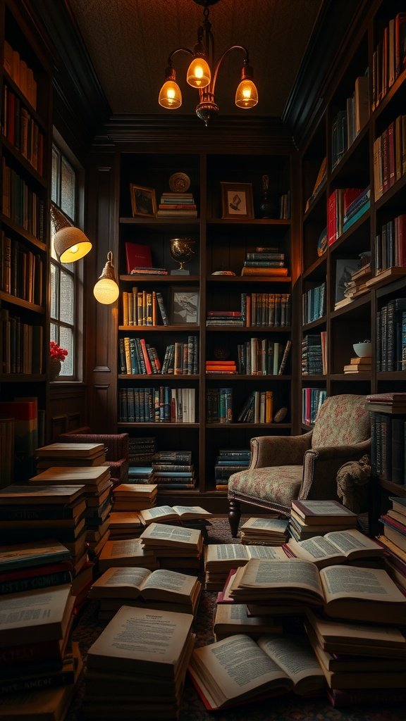 A cozy reading nook with books scattered around, warm lighting, and a plush chair.