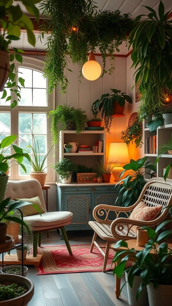 A cozy room filled with indoor plants, warm lighting, a blue cabinet, and comfortable seating, representing a whimsical retreat.