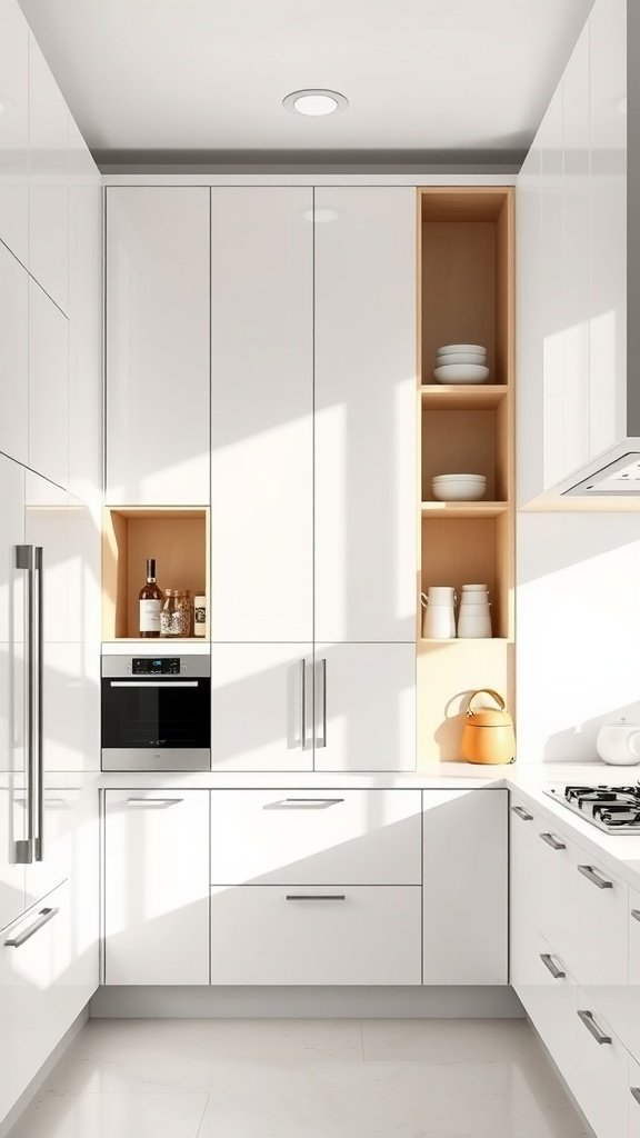 Modern kitchen featuring vertical cabinets with a mix of closed and open shelving.