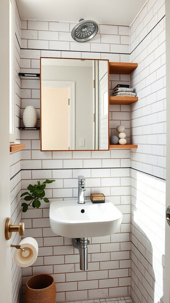 A modern very small bathroom featuring a wall-mounted sink, mirror, open shelves, and light-colored tiles