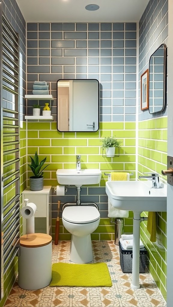 A very small bathroom featuring lime green and gray tiled walls, modern fixtures, and stylish storage