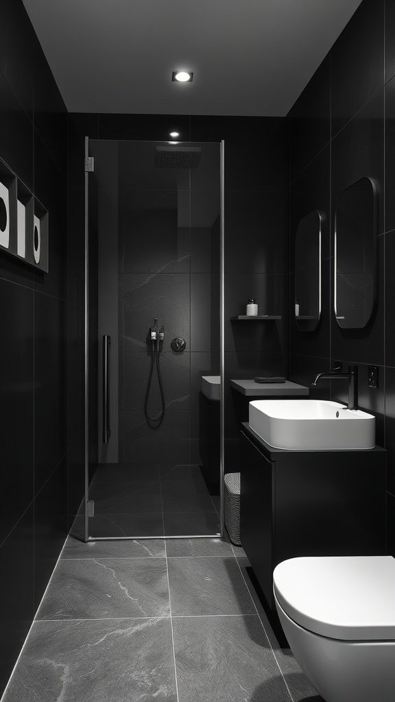 Stylish black and concrete very small bathroom featuring a walk-in shower, modern sink, and storage.