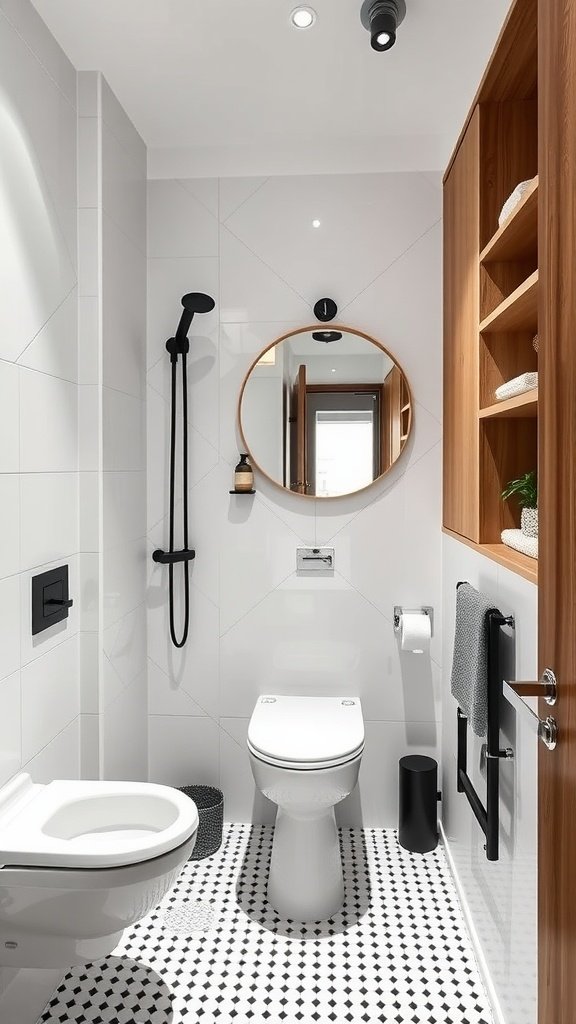 A very small bathroom featuring black and white tiles, a round mirror, and warm wooden shelves