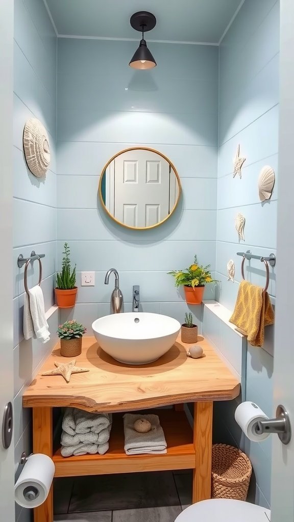 A small coastal bathroom with light blue walls, natural wooden countertop, round mirror, and decorative elements like plants and shells.