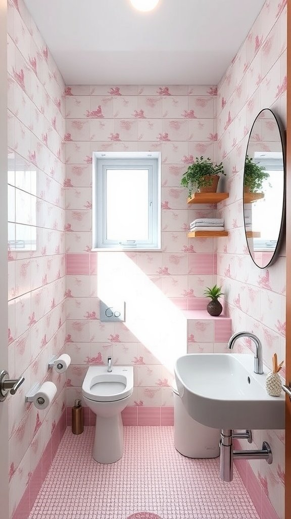 A very small contemporary bathroom featuring pink and white mermaid tiles, a round mirror, and wooden shelves