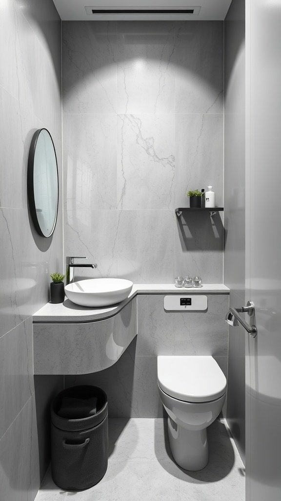 A very small bathroom featuring a stylish bended countertop, marble walls, a circular mirror, and compact storage.