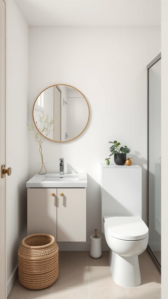 A modern very small bathroom featuring a neutral color palette with a round mirror, minimalist sink, and decorative plants.