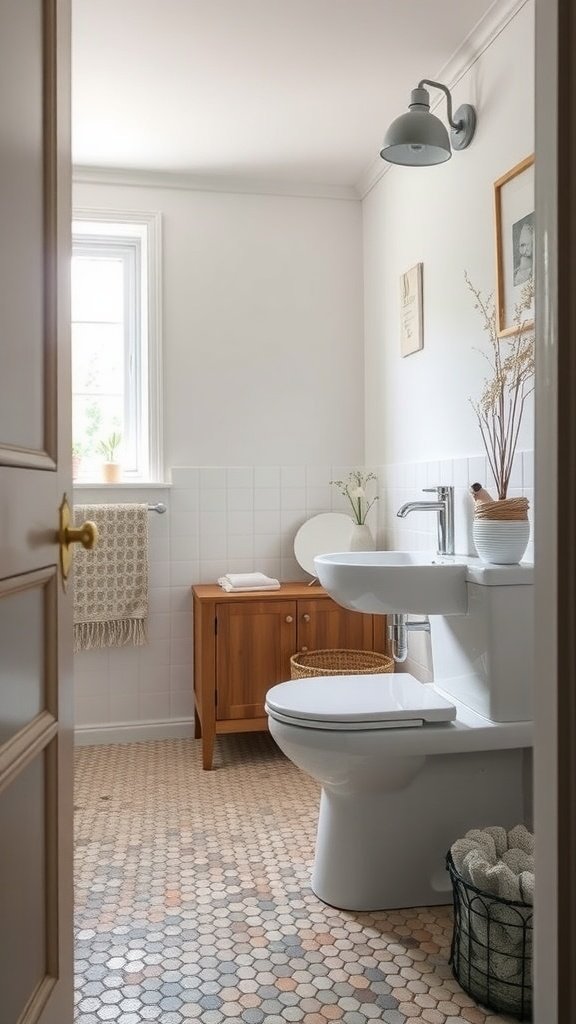 A very small Scandinavian bathroom with a wooden cabinet and penny mosaic floor.