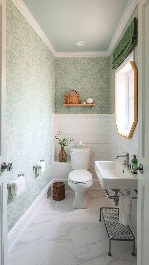 Small transitional bathroom featuring marble floor and green wallpaper with compact fixtures