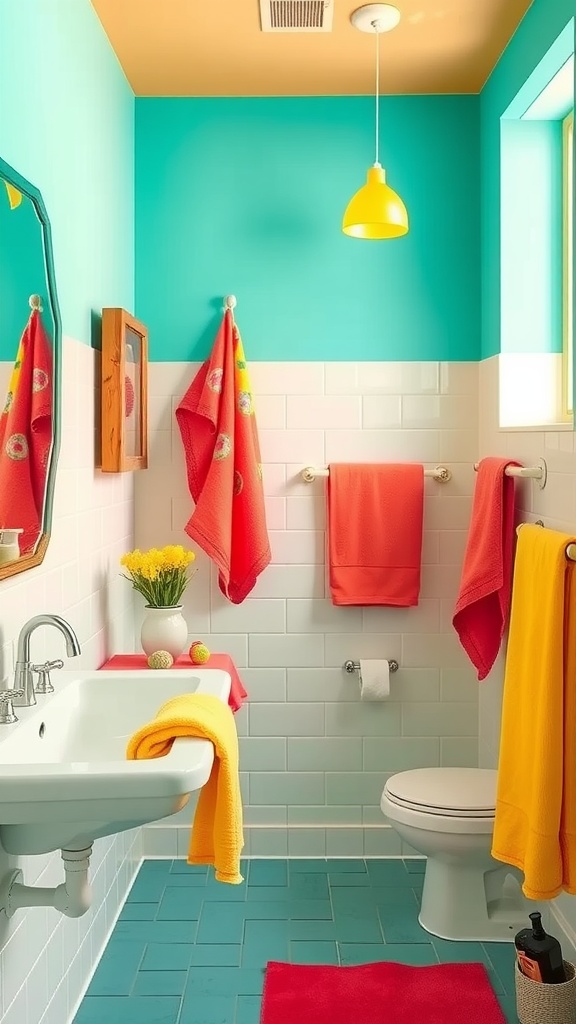 A bright and colorful bathroom featuring turquoise walls, a yellow ceiling, red towels, and a cheerful vibe.