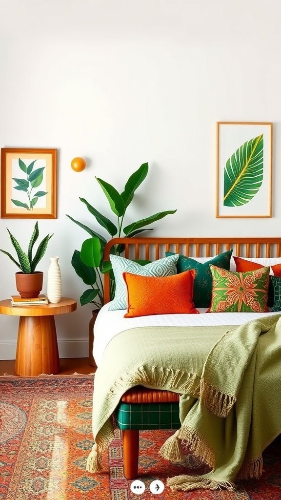 A cozy bedroom featuring green and terracotta decor, colorful pillows, and leafy artwork.