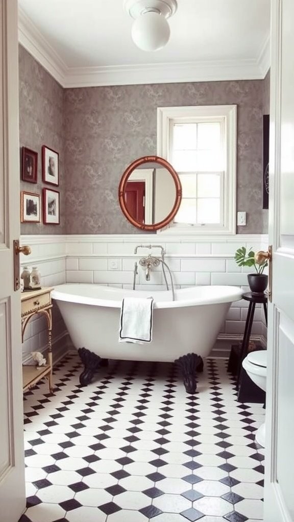 A Victorian bathroom featuring a checkerboard floor, free-standing bathtub, and elegant decor.