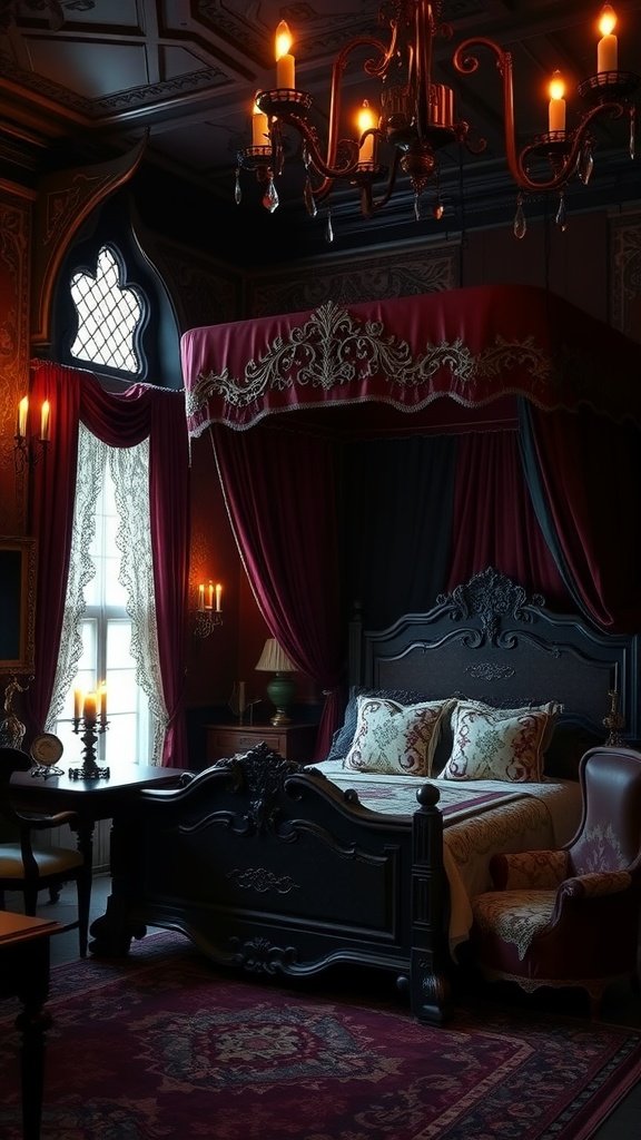 A luxurious Victorian Gothic bedroom featuring a four-poster bed with burgundy drapery, antique furnishings, and elegant candlelight.
