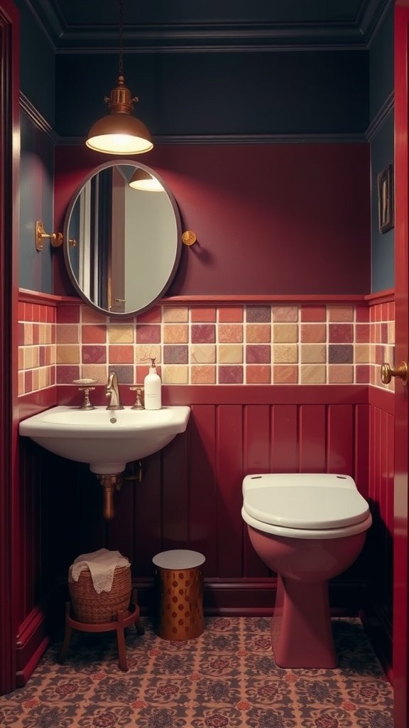 A vintage small bathroom featuring a burgundy and navy color scheme with colorful tiles, a round mirror, and stylish fixtures.