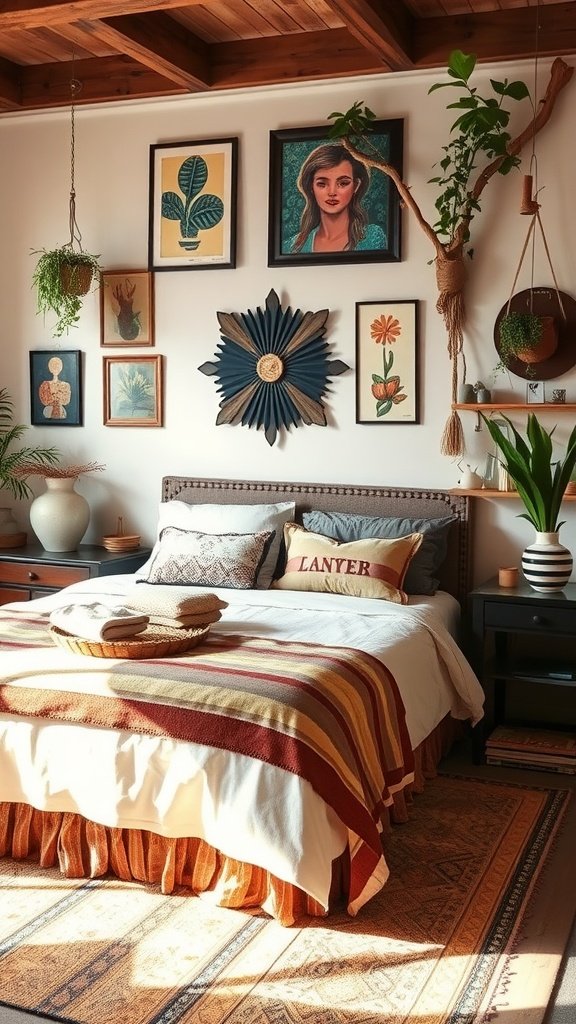A cozy bohemian bedroom featuring a bed with a striped blanket, framed art on the wall, and hanging plants.