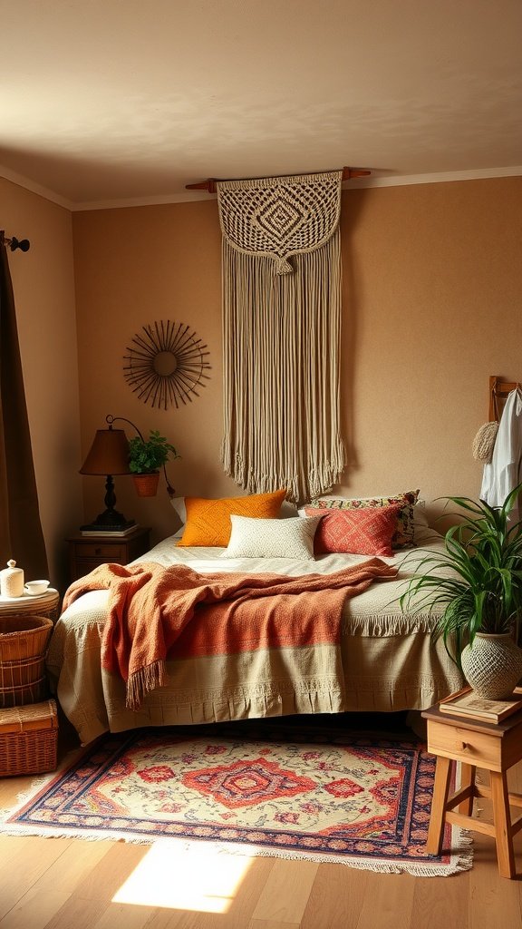 A cozy vintage boho chic bedroom featuring a bed with patterned pillows, macramé wall art, and warm lighting.