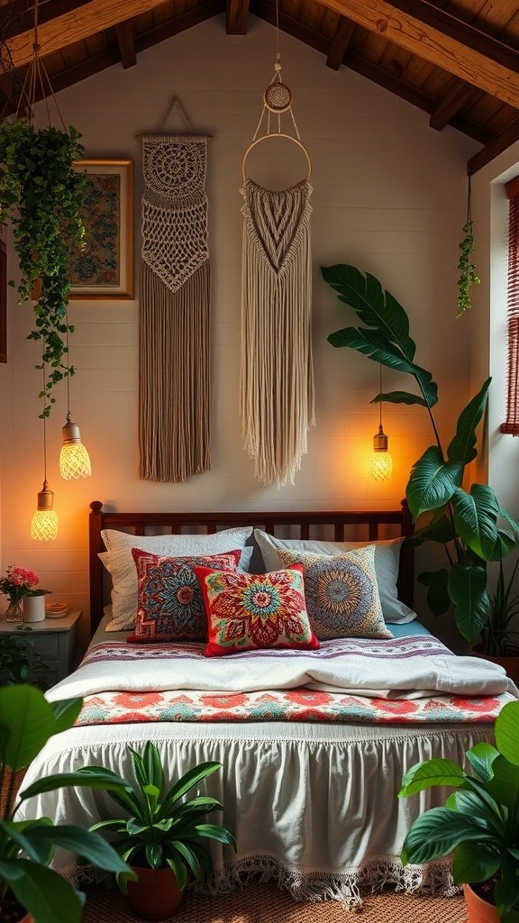 A cozy vintage boho style bedroom with colorful pillows, layered textiles, and macramé wall hangings.