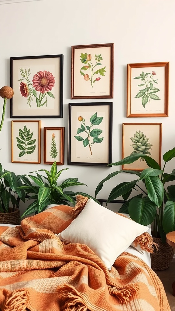 A Boho themed bedroom featuring vintage botanical prints on the wall, surrounded by plants and a cozy blanket.