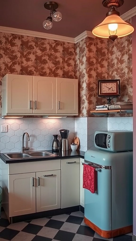 A small vintage-style kitchenette with mint-colored fridge, patterned wallpaper, and hexagonal tile backsplash.