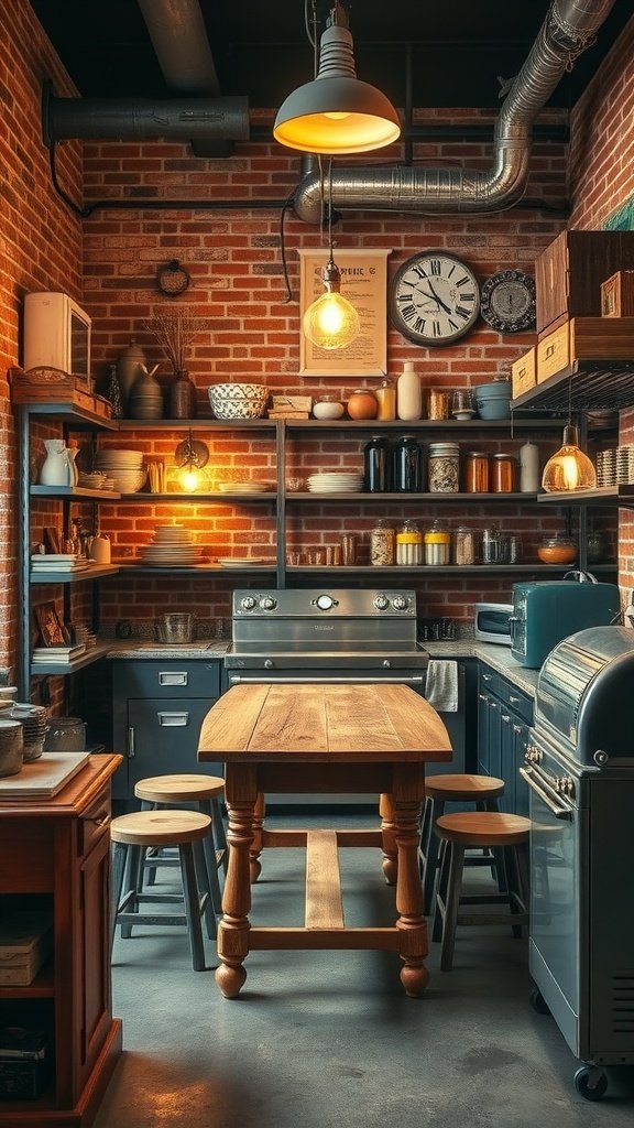 A cozy vintage industrial kitchen featuring brick walls, wooden table, and open shelving.