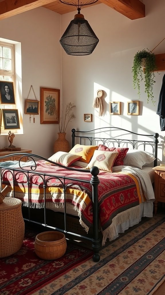 A cozy Boho bedroom featuring a vintage iron bed frame with vibrant blankets and pillows, surrounded by decorative elements and natural light.