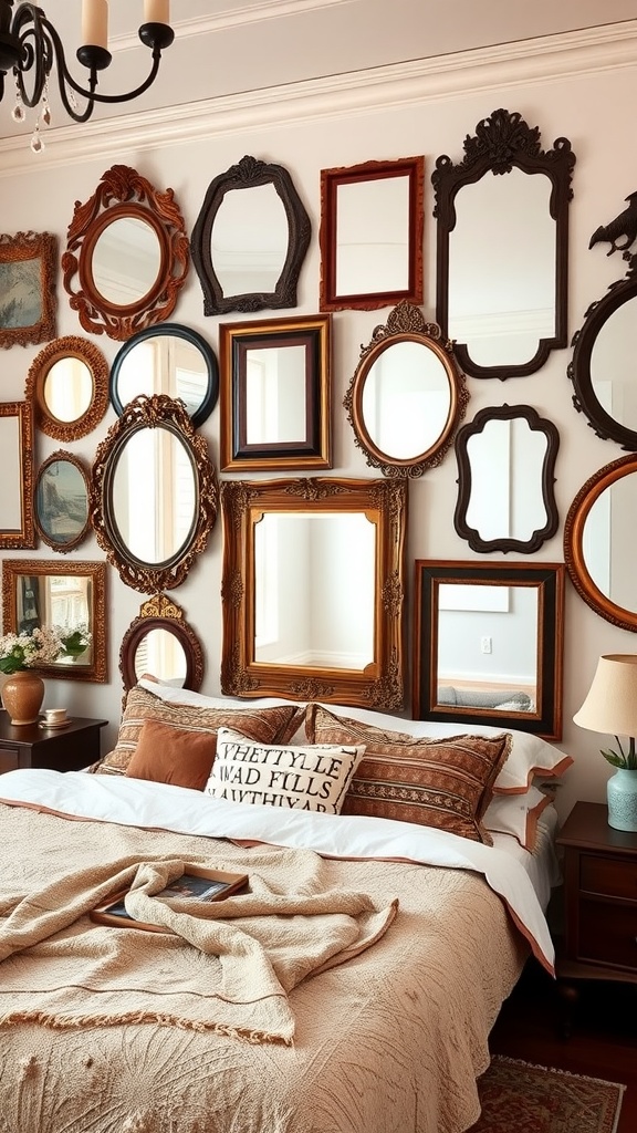 A gallery wall of vintage mirrors above a cozy bed with warm-toned bedding and pillows