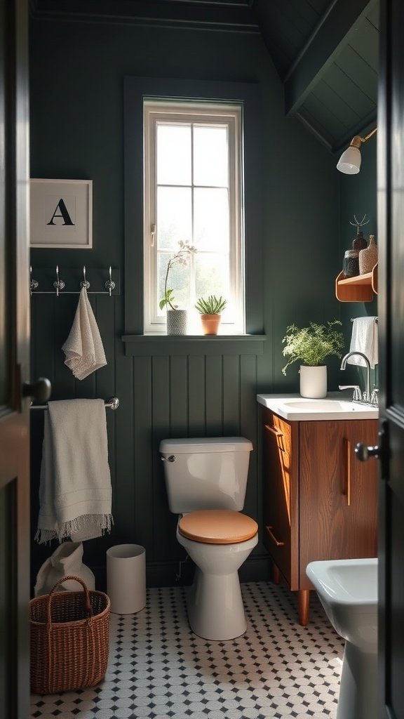 A vintage Scandinavian bathroom with dark green walls, a walnut cabinet, and decorative plants.