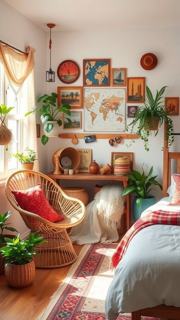 A cozy boho-style bedroom featuring a rattan chair, vintage maps, and indoor plants.
