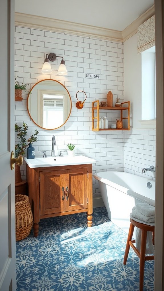 A vintage bathroom featuring white walls, a blue cement tile floor, a wooden vanity, and stylish decor.