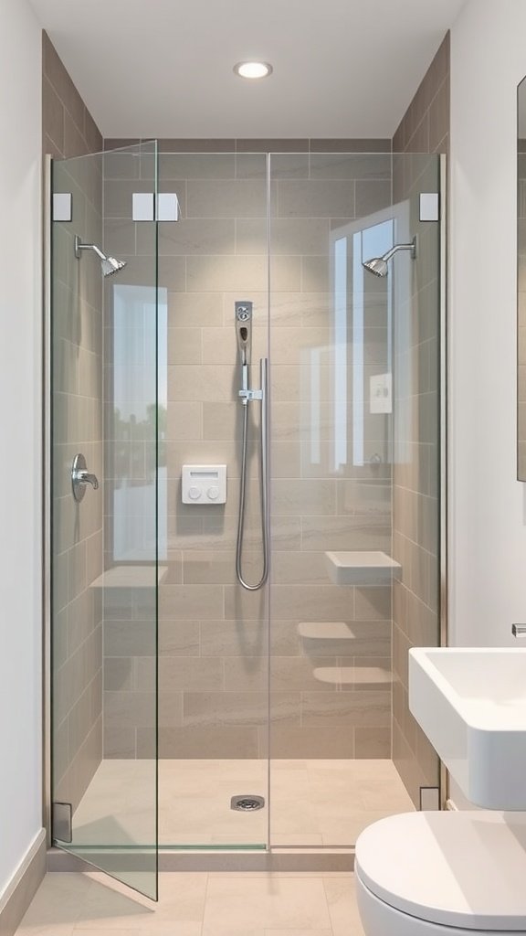 Modern walk-in shower design with glass panels and neutral tiles