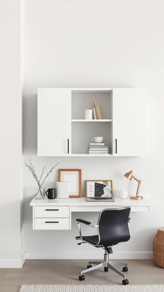 A minimalist home office setup with wall-mounted cabinets, a white desk, and a black office chair.
