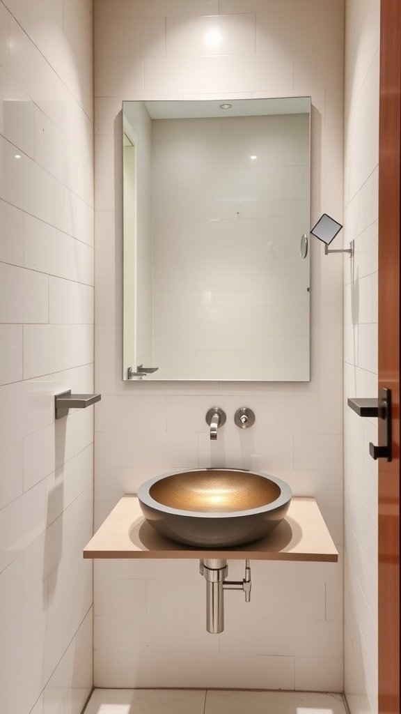 A small bathroom featuring a wall-mounted faucet and a round bowl sink.