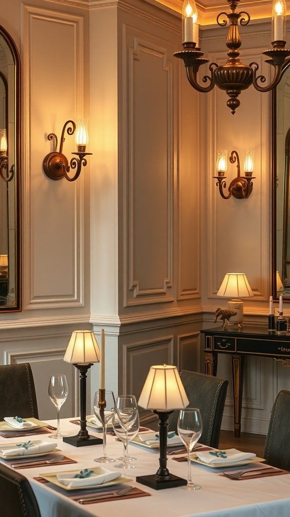 Elegant Italian dining room with wall sconces and table lamps creating a warm atmosphere.