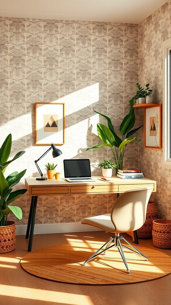 A bright and inviting home office with wallpaper, a desk, plants, and a chair.