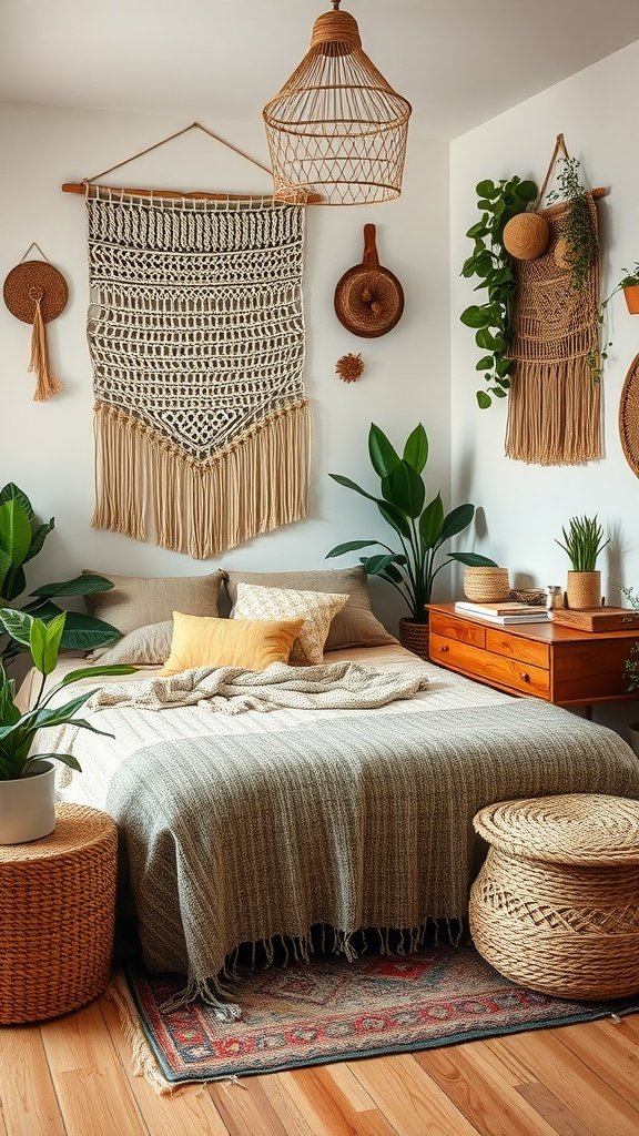 A warm and inviting Boho bedroom with plants, woven decor, and wooden furniture.