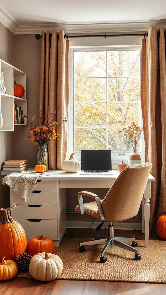 A cozy fall home office with pumpkins, autumn decor, and a view of fall leaves outside.