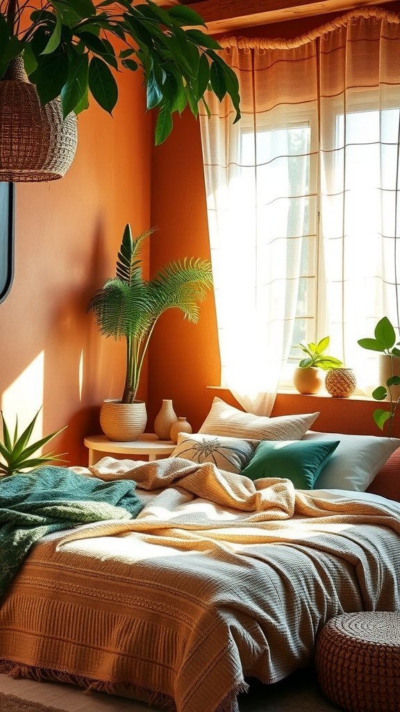 Cozy bedroom with terracotta walls and green highlights, featuring soft textiles and plants