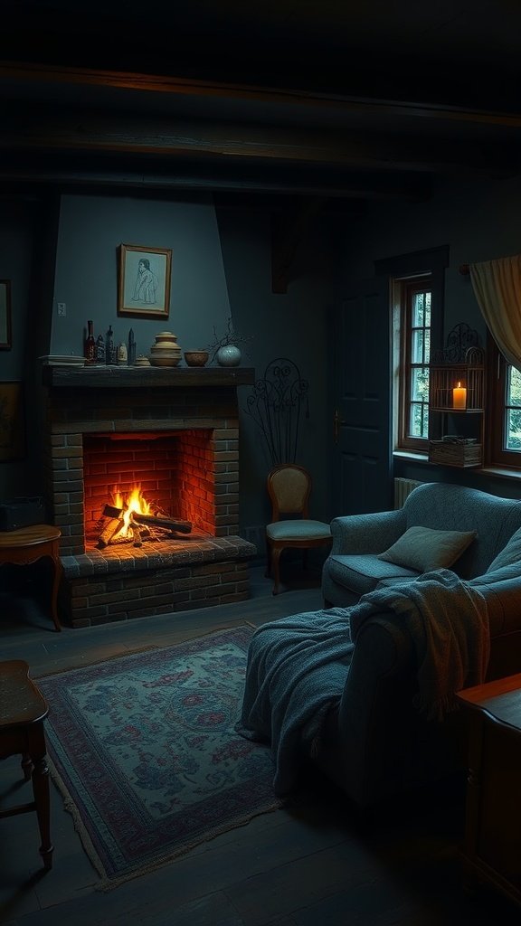 Cozy living room with a fireplace, vintage decor, and soft lighting.