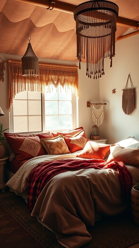 Cozy Boho bedroom with warm tones, layered bedding, and macrame decor