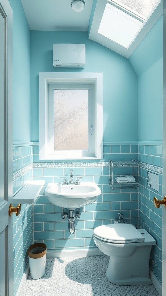 A small bathroom with aqua walls and white fixtures, featuring a window and natural light.