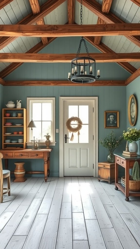 A well-decorated farmhouse interior showcasing Waterloo paint color on the walls, with wooden beams and cozy furnishings.