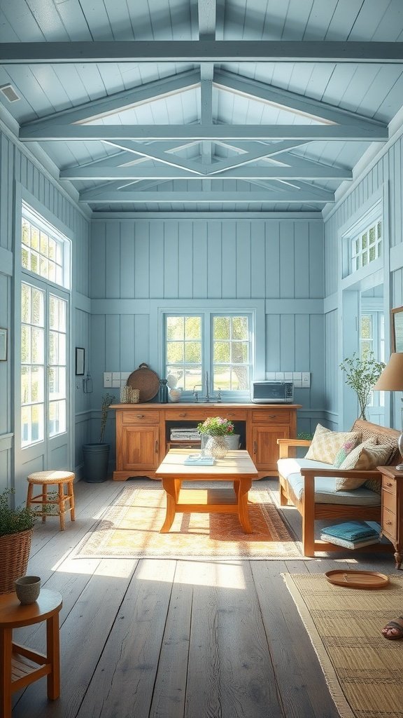 A cozy farmhouse room painted in a light blue color with wooden furniture and natural light.