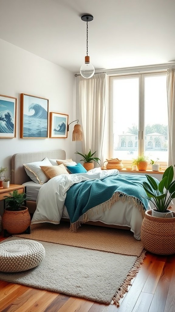 A cozy boho bedroom with wave-inspired decor, featuring blue bedding, framed wave art, and greenery.