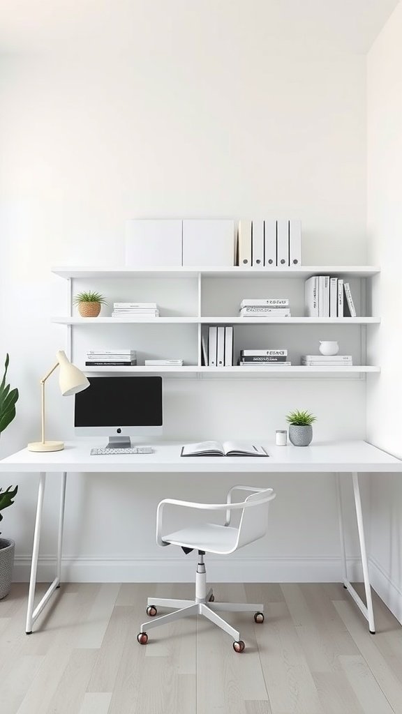 A minimalist home office setup featuring a white desk, computer, shelves with books and plants