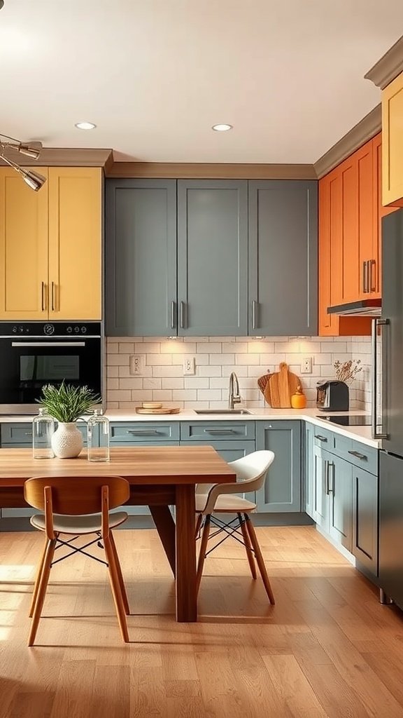 A kitchen featuring beautiful two-toned cabinets in gray, yellow, and orange colors, complemented by a wooden dining table and modern decor.