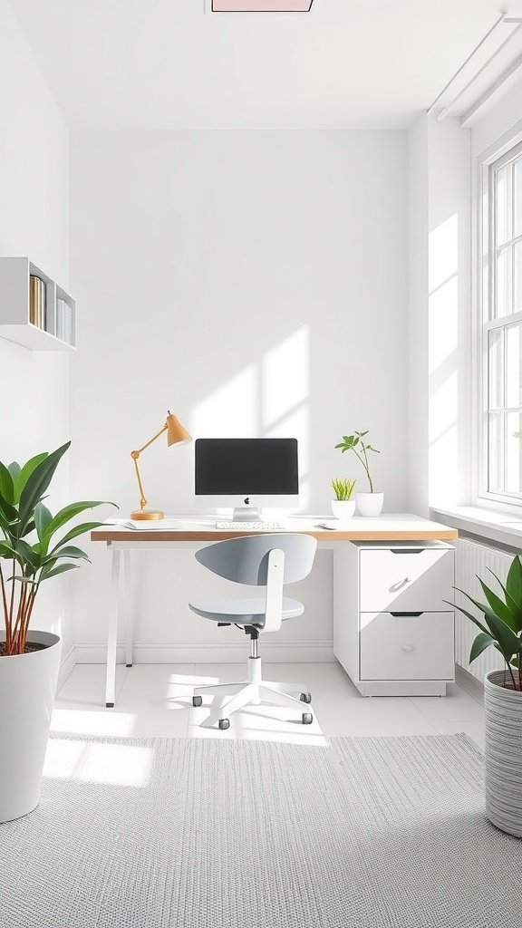 A minimalist home office with a white desk, grey chair, and plants, filled with natural light.