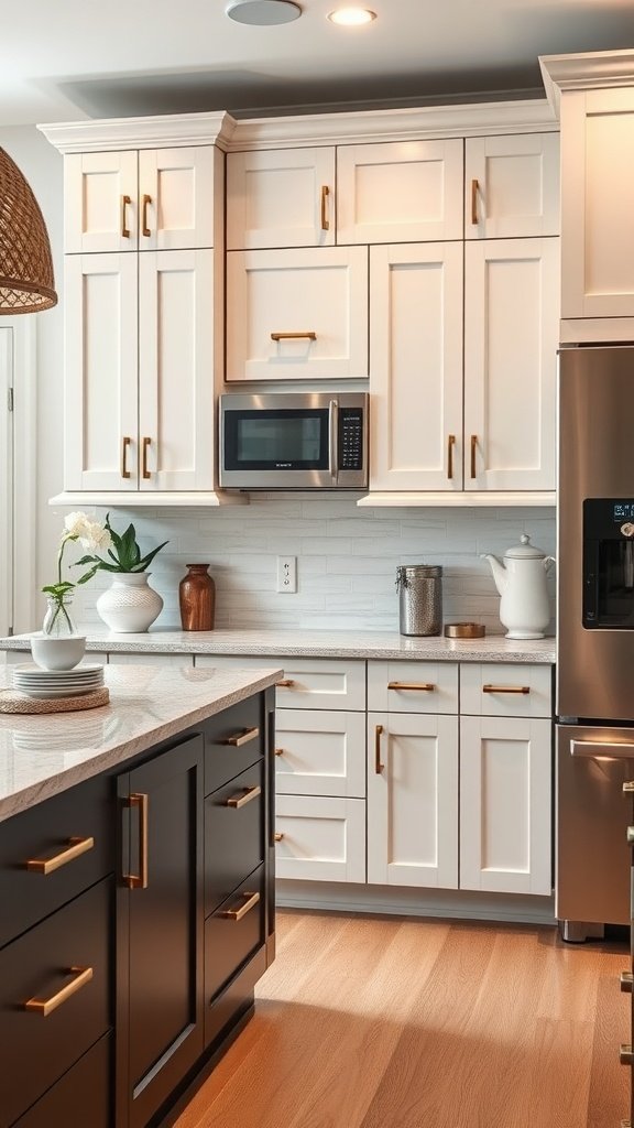 A kitchen featuring two-toned cabinets: white upper cabinets and black lower cabinets with brass hardware.